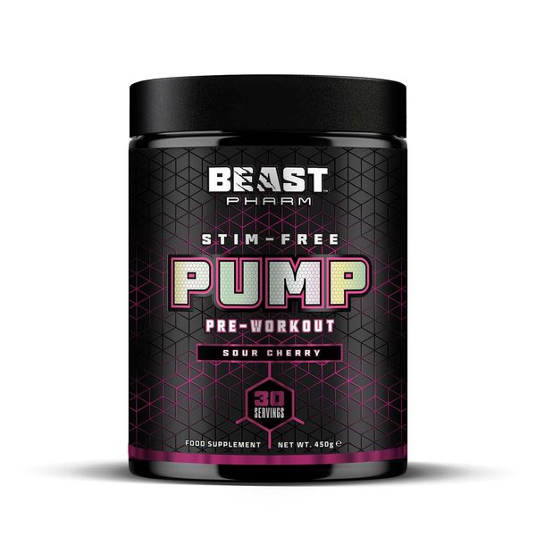 Beast Pharm | Stim Free Pre Workout Powder | Eddie Hall's PUMP | 450g / 30 Servings | Sour Cherry