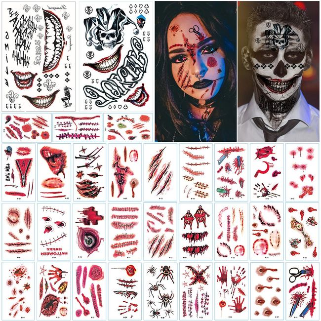 32 Blätter Halloween Narben Tattoo, Halloween Temporäre Tattoos, Wasserdicht Terror Tattoo, Gefälschte Halloween Wunden, Halloween Clown Tattoo, Halloween Tattoo Gesicht, Zombie Scars Tattoos