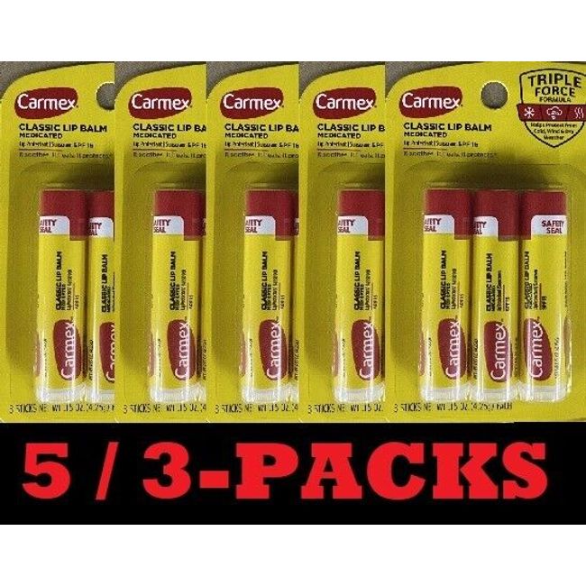 5x Carmex 3 Packs Classic Lip Balm Medicated Protectant 15 Sticks - 5 / 3 PACKS