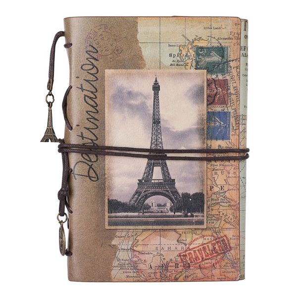 Leather Journal Notebook, Travel Journal for Men Women Girls, Refillable Journal with Blank Paper and Binder Pockets for Writing, Sketching, Personal Diary, Eiffel Tower