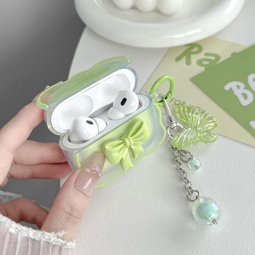 Compatible with AirPods Pro 2/1 Clear Case Cute, 3D Bow Pattern Desiged iPods Pro 2 Cases with Butterfly Keychain, Soft TPU Protective Case and Cleanner Kit for Airpod Pro for Girls Women Green