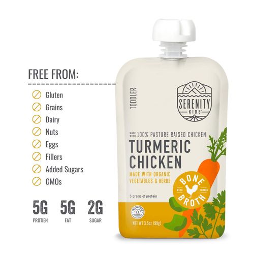 Serenity Kids Bone Broth Puree Made With Organic Veggies | Clean Label Project Purity Award Certified | 3.5 Ounce BPA-Free Pouch | Pasture Raised Turmeric Chicken | 6 Count