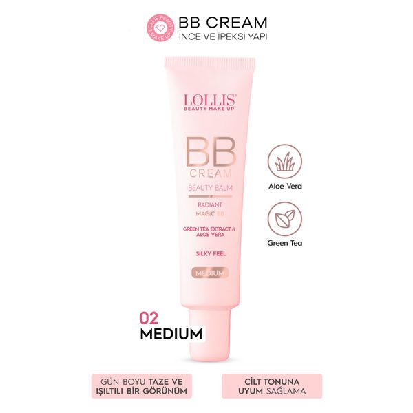 BB Cream 02 Medium/Orta Ton Nemlendirici Etkili Doğal Kapatıcı , Aloe Vera Ve Green Tea Extract 35ml