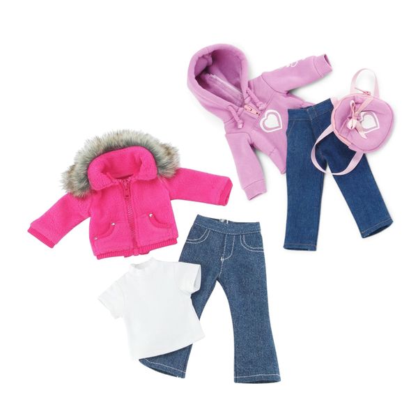 Emily Rose 14-Inch Doll Clothes & Accessory Bundle | 3-PC Faux Fur Coat Outfit with T-Shirt Tee & Jeans and a 3-PC Hoodie Sweatshirt Set with Jeans and Backpack | Doll and Shoes NOT Included