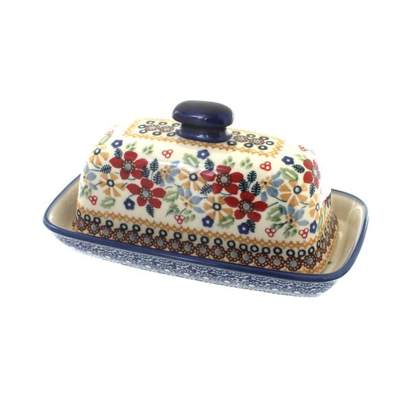 Blue Rose Polish Pottery Red Daisy Butter Dish