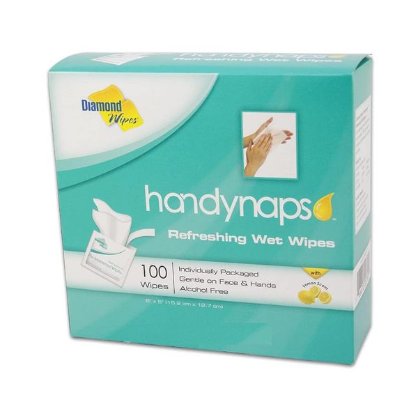 Handynaps Alcohol-Free Hand Wipes With Fresh Lemon Scent, Gentle On The Skin - Box of 100 Individually Wrapped Wipes For Adults and Kids, Travel Essentials