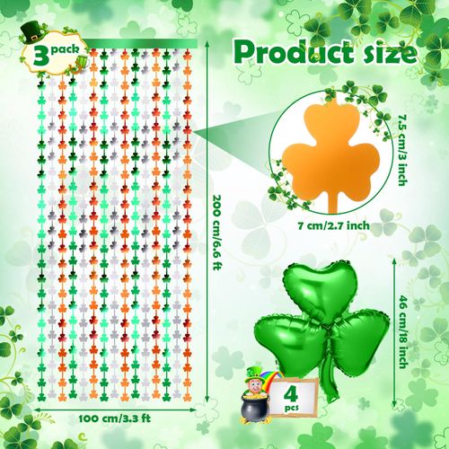 Soulchen 7 Pack St. Patrick's Day Decorations 3 Pack 3.3 x 6.6 ft Shamrock Tinsel Foil Fringe Curtains with 4 Pack 18 Inch Shamrock Foil Balloons for St. Patrick's Day Irish Party(Green Silver Orange)