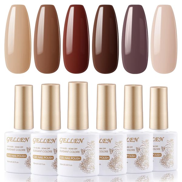 Gellen Chocolate Brown Gel Nail Polish Set, 10ml 6 Colors Coffee Brown Gel Polish Kit with Milky White Beige Polish Gel, No Wipe Soak Off Glossy UV Nail Polish Gel for DIY Nail Manicure Home Salon