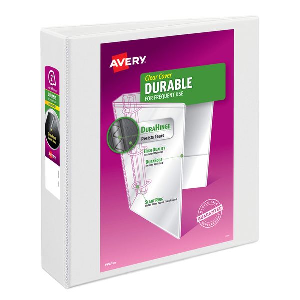 Avery Durable Clear View 3 Ring Binders, 2 Inch EZD Rings, 1 White Binder (09501)