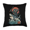 Ninja Cat Riding Shark Samurai Warrior Ocean Waves Throw Pillow