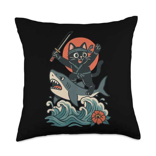 Ninja Cat Riding Shark Samurai Warrior Ocean Waves Throw Pillow