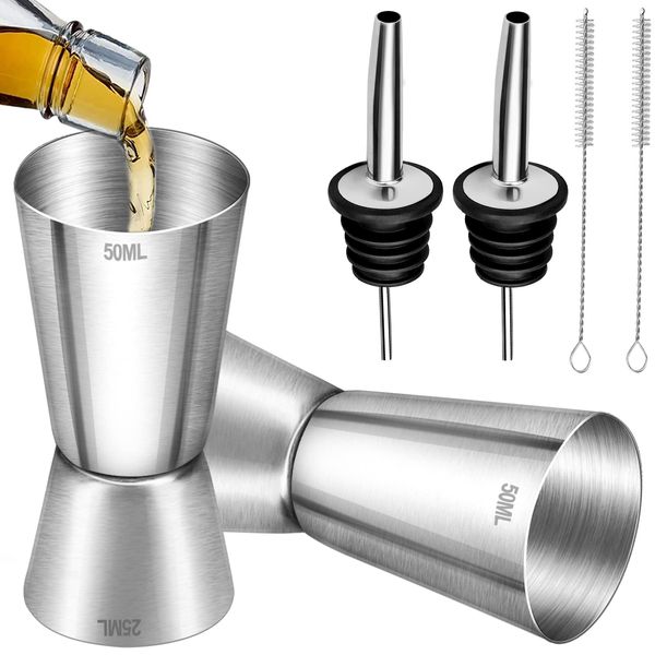 2Pcs Spirit Measures 25ml 50ml, Cocktail Double Jigger Stainless Steel Shot Measure Gin Bar Craft Dual Spirit Measure Cup with Pourers and Brushes for Drinks Alcohol