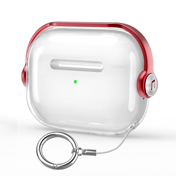 HEIGKOIK AirPods Pro 2 Case, Clear AirPods Pro 2nd Generation Case, TPU Protective Case with Lock, LED Visible, Shockproof, 2 Case, Wireless Charging, Carabiner Included (Transparent + Red)