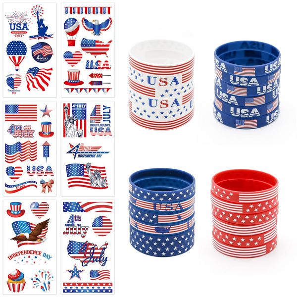 Lesnala 36 PCS Independence Day Party Supplies, Patriotic American Independence Day Silicone Wristbands Rubber Bracelets, American Flag Rubber Band for parade party 4th July, with Tattoo Stickers