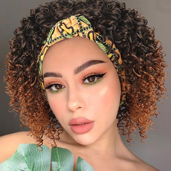 Aisaide Afro Kinky Curly Wig Headband Wigs for Black Women,Short Ombre Brown Wig with Headband Attached Natural Full Afro Wig HeadWrap Wigs 2 in 1 Synthetic Deep Curly Wigs for Women Scarf Wig