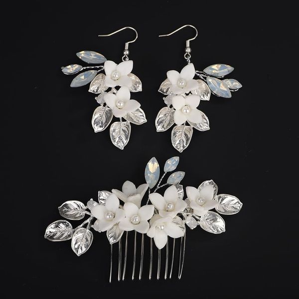 Rumtock Opal Crystal Silver Leaves White Flower Hair Comb Earrings Set for Women Wedding Bridal Handmade Jewelry Set