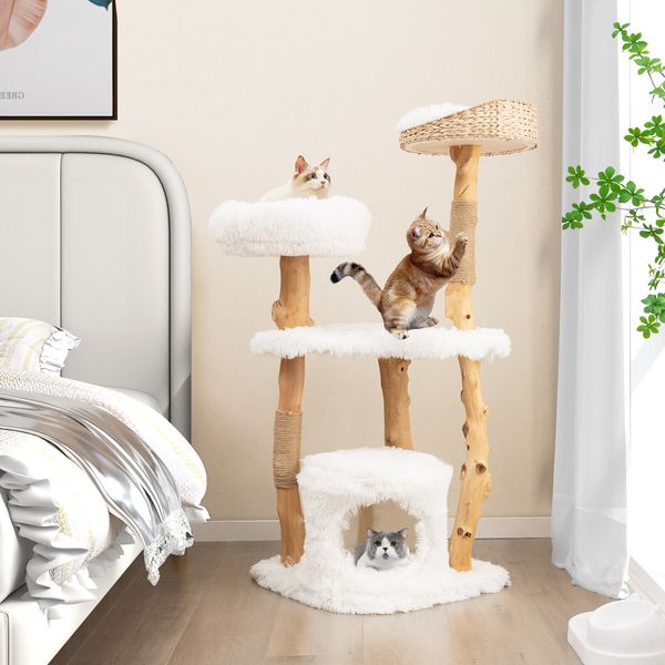 49" Tall Wooden Cat Tree Solid Wood Cat Tower w/ Jute Scratching Posts