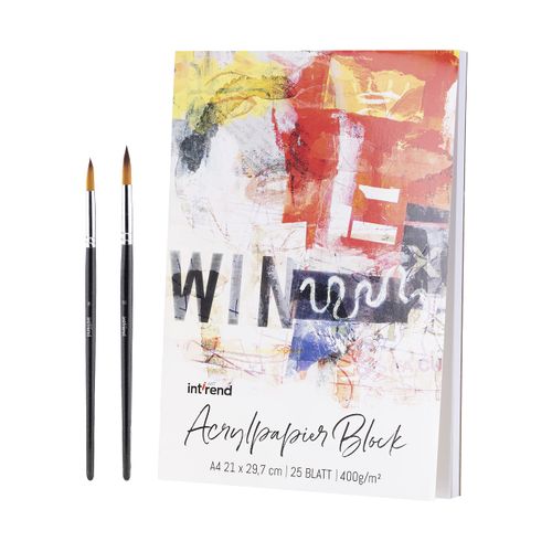 int!rend Acrylic Paper Drawing Pad - 25 Sheets Colouring Pad DIN A4 - Drawing Paper - Sketch Pad A4 - Colouring Pad Drawing Pad with 2 x Brushes - White