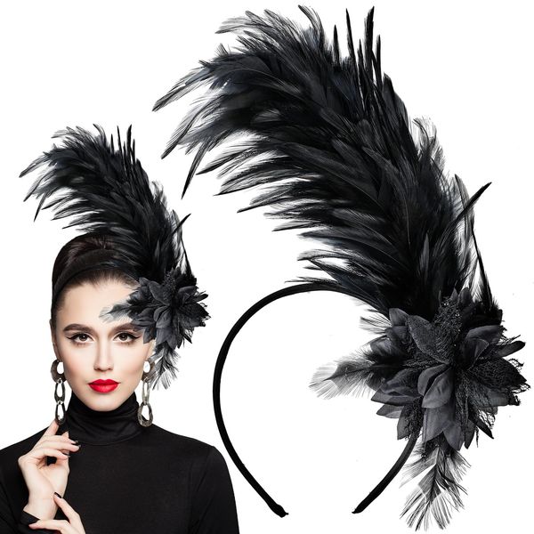 WLLHYF Women's 1920s Feather Fascinator Headband, Fascinators Hat for Women Tea Party Flower Headpiece Gatsby Derby Hat (Black)