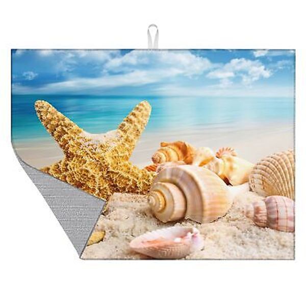 Dish Drying Mat for Kitchen Counter Starfish and Seashell on Beach Dish Mat M...