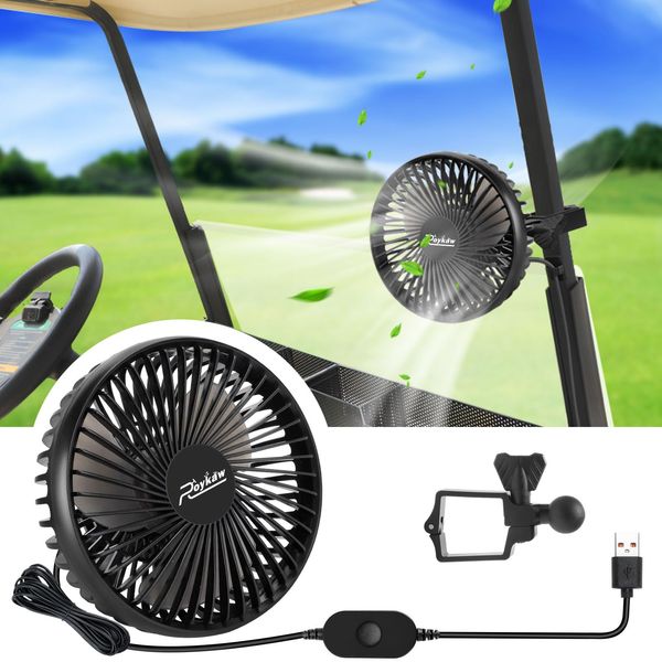 Roykaw Golf Cart Fan Portable USB Input Compatible with EZGO Club Car Yamaha, 3-speed Settings, 360 Degree Rotation, Long Lasting, Low Noise Designed, Quick Release & Won't Fall off - 1 PCS