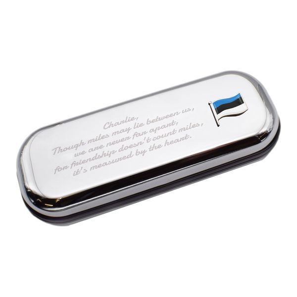 Chromed Pen Case Box with Estonia Wave Flag Design, Personalised Engraved Message Option