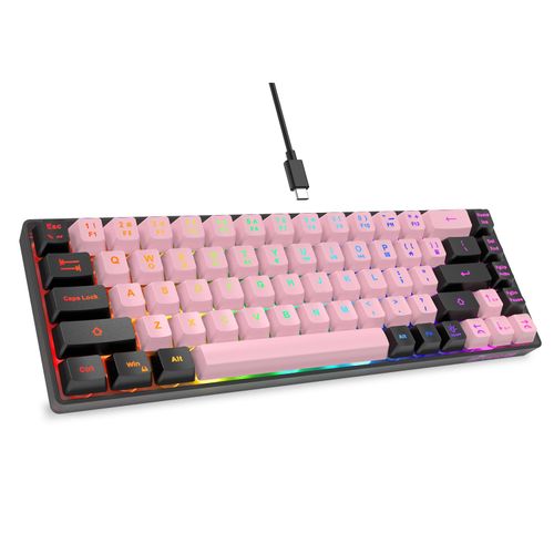 GEODMAER 65% Wired Gaming Keyboard, LED Backlit, Ultra-Compact Anti-Ghosting No-Conflict 68 Keys Membrane Gaming Wired Keyboard for PC Laptop Windows Gamer(Pink-Black)