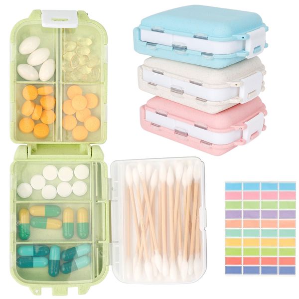 4 Pcs Travel Pill Organizer Box, Portable Pill Case with Sticker, Small Weekly Folding Pill Box Personal Wheat Pill Dispenser with 8 Compartments for Vitamin, Supplements, Cod Liver Oil, Medication