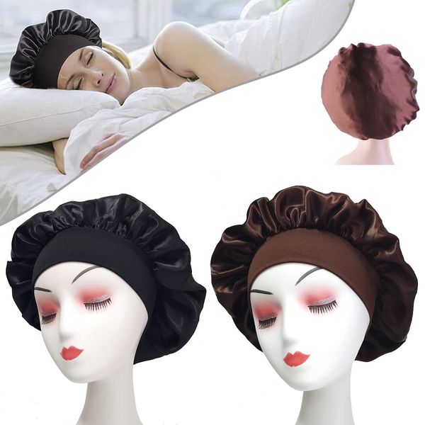 Hair Bonnet for Sleeping, Wide Band Satin Bonnet, Night Sleep Cap Silk Bonnet for Women Girls, Hair Care Sleeping Head Cover Elastic Hat Hair Bonnet for Black Hair Curly Hair (2pcs Black + Brown)