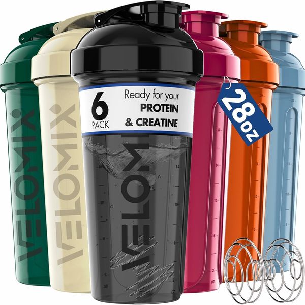 VELOMIX -6 PACK- Shaker Cups for Protein Shakes 28 oz - 6x Wire Whisk | Leak Proof Protein Shaker Bottle for Protein Shakes, Shaker Bottle Pack for Pre & Post Workout, Shaker Cup, Shaker Bottle Cups