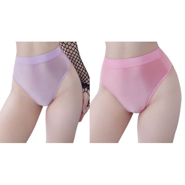 Cedar Eight Women's Glossy Panties, Set of 2, High Waisted Shorts, Cosplay, Beautiful Butt, Pants, Panties, Costume (Pink, Purple, M)