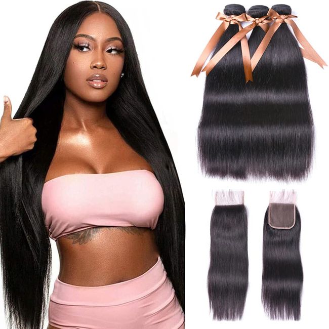 ALLRUN Bundles with Closure Straight Hair(20 22 24+18 Closure)100% Brazilian Straight Virgin Hair 3 Bundles with Lace Closure Free Part Human Hair Extensions Natural Black Color