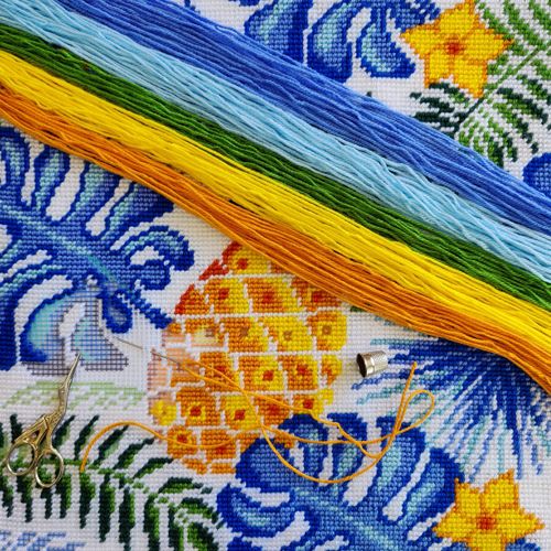 Brvsk Tropical Needlepoint Kit for Adults and Beginners — Pineapple 16″ × 16″ with Clear, Precise Printed Design on Cotton Canvas; Includes 2 Needles, Yarn, and Easy-Read Chart