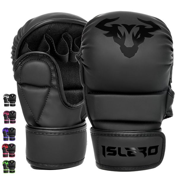 Islero Fitness Matte Black MMA Gloves Martial Arts Mitts Grappling Sparring Men Muay Thai Cage Fighting Boxing Combat Sports Women pink UFC Punching Bag Training (Black, Small)