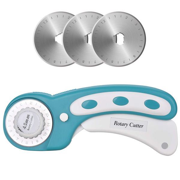 Dealkits Rotary Cutter Set, 45mm Stainless Steel Fabric Cutter with Protective Mechanism, Professional Rotary Knife with 3 x Spare Blades, Round Blade Cutter for Quilting, Fabric, Leather, Sewing and More