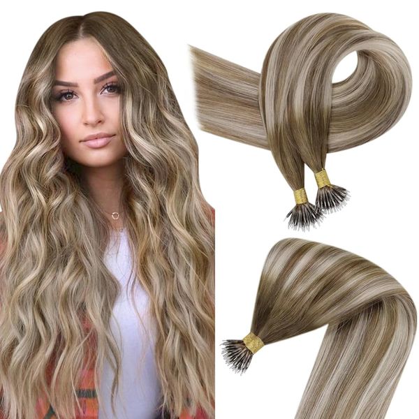 Easyouth Ombre Nano Human Hair Extensions Nano Tips Hair Balayage Brown to Blonde Nano Hair Extensions Cold Fusion Nano Ring Hair Extensions Pre Bonded Hair 20 Inch 50g/50s