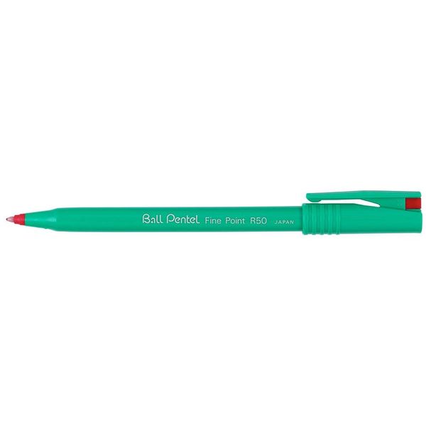 Pentel 0.8 mm Tip R50 Ball Pentel Roller Pen with Green Barrel - Red (1 Pen)