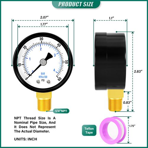 BOGERDACK 0-60psi Well Pump Pressure Gauge 1/4" NPT 2" Face Dial Size Lower Mount, Multifunctional Practical Dry Pressure Gauge, for Water, Oil and Air Compressor Tire Pressure Tester