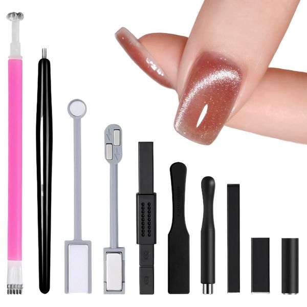 10 Pcs Cat Eye Magnet for Nails,Nail Magnet Tool Set,Cat Eye Magnetic Nail Polish Kit,Double-Head Strong Suction Nail Magnet Stick,Diverse Cat Eye Effect,for Nail DIY Salons