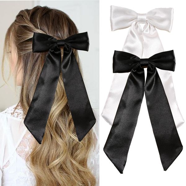 AOREAS 2Pcs Hair Bows for Women Soft Silky Stain Bow Hair Clips with Long Tail,Apricot Black Bow Alligator Hair Ribbon Accessories Party Wedding Prom Daily Wearing (Black White)