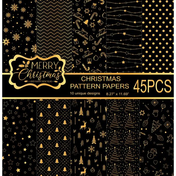 MIAHART 45 Blatt Merry Christmas Pattern Paper Set 10 Designs Festival Dekoratives Bastelpapier doppelseitig für die Kartenherstellung, Scrapbook, A4-Größe, Schwarz und Gold