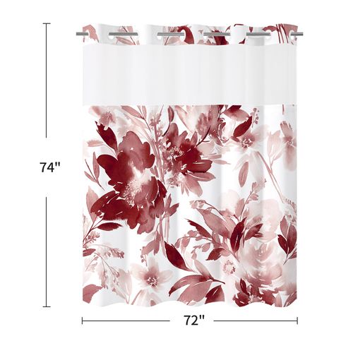 Litabel No Hook Burgundy Watercolor Floral Shower Curtain, Plant Leaves with Flower Hookless Shower Curtains for Summer Red Bathroom Decor, White Botanical Waterproof Shower Curtain Set 72x74 Inch