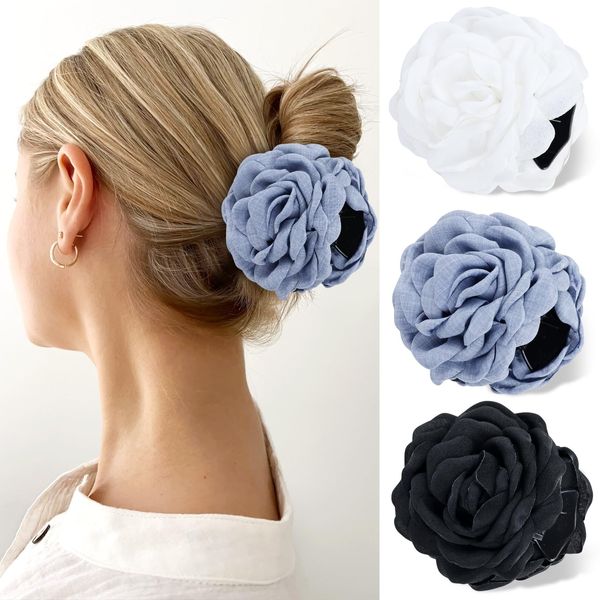 Cinaci 3pcs Flower Hair Claws (White, Grayish Blue, Black)