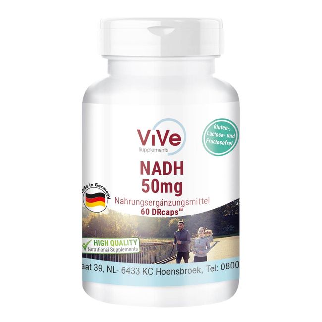 NADH 50 mg - 60 Kapseln, vegan und stabil - zeitverzögerte DRcaps - 2 Monats-Versorgung | Qualität aus Deutschland von ViVe Supplements