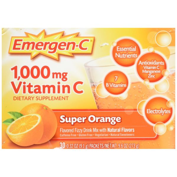 Emergen-C Vitamin C Fizzy Drink Mix Super Orange - 1000 mg - 0.32 Ounce Each, 30 Count (Pack of 1)