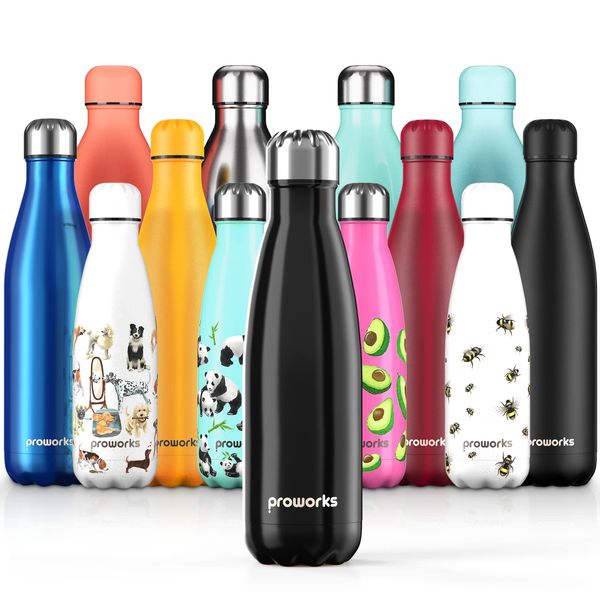 Proworks Performance Stainless Steel Sports Water Bottle | Double Insulated Vacuum Flask | 12 Hours Hot & 24 Hours Cold - Great for Home, Work, Gym & Travel - BPA Free - 500ml – Metallic Black