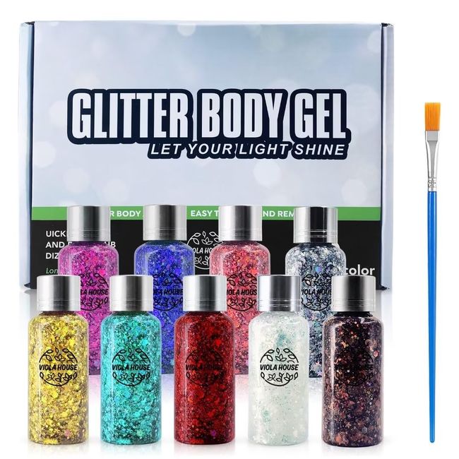 VIOLA HOUSE 9pcs Glitzer Gesicht, Christmas Makeup Chunky Glitter Gel für Lidschatten, Glitzer, Kosmetik, Körper, Gesicht, Haare, Nägel.