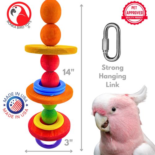 Bonka Bird Toys 3878 Disco Ball Bird Toy 16" x 4" Wood and Plastic Chew Toy for Medium Birds Like Conures Ringnecks African Greys for Cage Hanging Enrichment