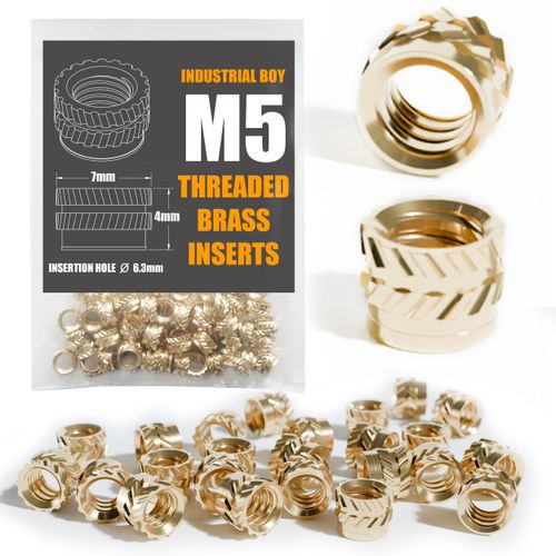 INDUSTRIAL BOY Heat Set Threaded Insert, Brass Inserts - Heat Set Inserts for 3D Printing, Plastic Parts & Prototyping | Metric Knurled Nuts for Secure Fastening (M5 x 7 OD x 4 L - 50 Pieces)