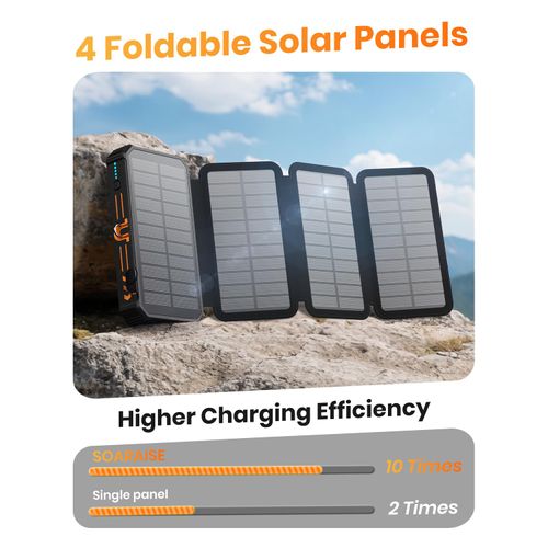 SOARAISE-Solar-Charger-Power-Bank - 48000mAh Wireless Portable Charger Built-in 4 Cables and 4 Solar Panels, PD QC 3.0 Fast Charging USB C Battery Pack with Flashlight for Camping Travel